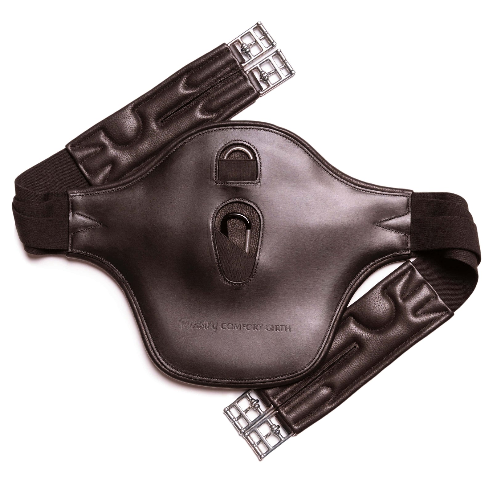 Tapestry Equine Products Inc. Girth, Belly Guard Girth, Stud Girth Tapestry Leather Belly Guard Girth with Shock Reduction Pad, Inlaid D-Ring & Carabiner — Havana Tapestry Leather Belly Guard Girth with Shock Reduction Pad, Inlaid D-Ring & Carabiner — Havana
